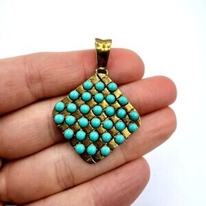 SARA BLAINE Willow House Pendant Aqua Blue Resin Bead Grid Brass Basket Weave